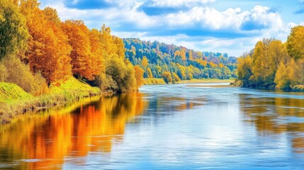 Autumn trees reflecting in a calm river under blue sky