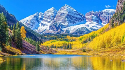 Mountain lake with autumn trees and snow-capped peaks