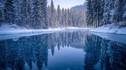 Calm winter landscape with a frozen lake and tall leafless trees under a blue sky
