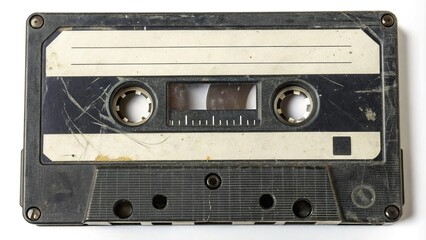 Obraz premium An isolated close-up of a scratched cassette tape, reel malfunction, tape flaw, worn-out recording, magnetic head damage, reel error