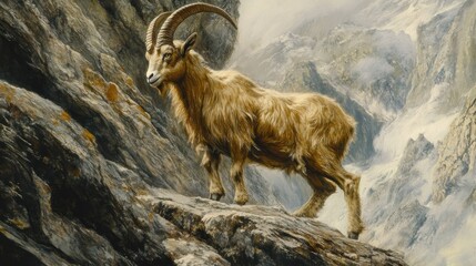 Fototapeta premium A lone mountain goat stands on a rocky outcropping, with a snowy mountain range in the background.