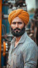 Fototapeta premium An Indian engineer wearing a turban closely inspects machinery at a construction site, highlighting engineering expertise and construction industry focus..