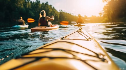 Three people kayaking on a calm river, with the sun setting behind them.