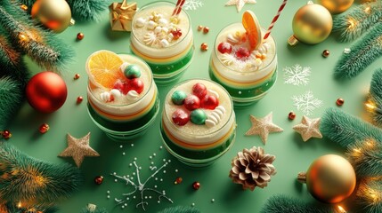 Collection of Christmas, Christmas recipes, flat design, top view, 3D render, Triadic color scheme, and deliciousdrink