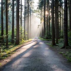 Obraz premium Serene forest path with sunrays illuminating trees.