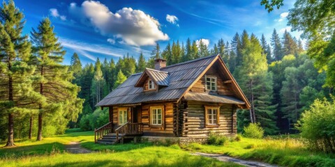 Fototapeta premium A rustic wooden cabin nestled amidst a verdant forest, bathed in the warm glow of a summer afternoon, with a single white cloud drifting across a cerulean sky