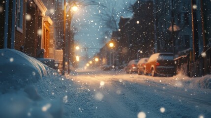 Snow-covered street in winter with falling snow and warm building lights creating a cozy atmosphere