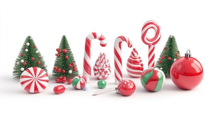 Collection of Christmas with assorted candy, vibrant hues, 3D isolated on white background 