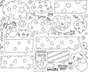 Outlines of text bubbles with dinosaur, cat, puppy, flowers, heart for cartoon, comic, stickers, communication, back to school, animals, pet shop, vet, kid colouring book, art, painting, pattern, ads