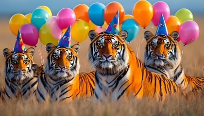 Celebrate a wild birthday adventure with tigers enjoying colorful balloons and party hats