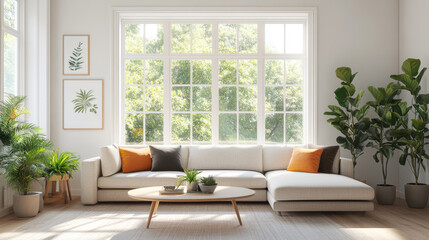 A bright and airy living room features modern sofa with orange and green cushions, surrounded by lush plants and large windows that invite natural light