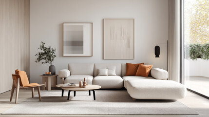 A modern living room featuring cozy white sectional sofa, round coffee table, and stylish chair. neutral tones and natural light create serene atmosphere