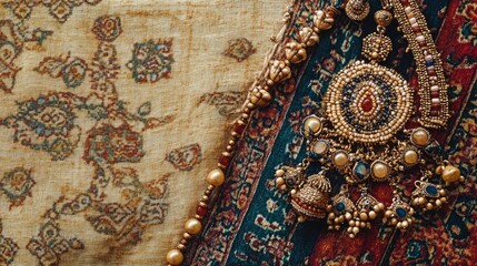 Ornate Jewelry on Traditional Textile Background