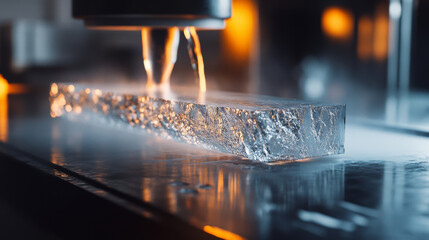 A clear block of ice is being processed with precision machinery, showcasing intricate details of ice and mist created by cooling process. scene conveys sense of innovation and technology