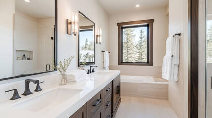 Modern bathroom design features spacious layout with sleek vanity, elegant fixtures, and natural light streaming through large windows. neutral color palette creates calming atmosphere