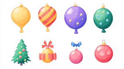 Confetti and balloons flat design, Collection of Christmas, front view party bright decorations