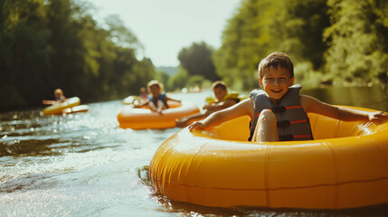 Kids on inflatable floats racing each other, capturing excitement and healthy competition. 