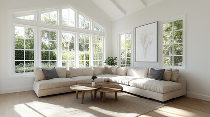 A bright and airy living room featuring spacious sectional sofa, large windows, and natural light. decor is minimalistic, creating serene atmosphere perfect for relaxation