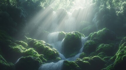 Fototapeta premium Sunlit waterfall in a secluded forest, moss-covered rocks and mist creating an enchanting scene