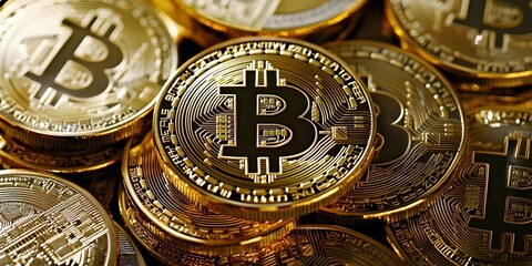Golden Bitcoins in Close-Up