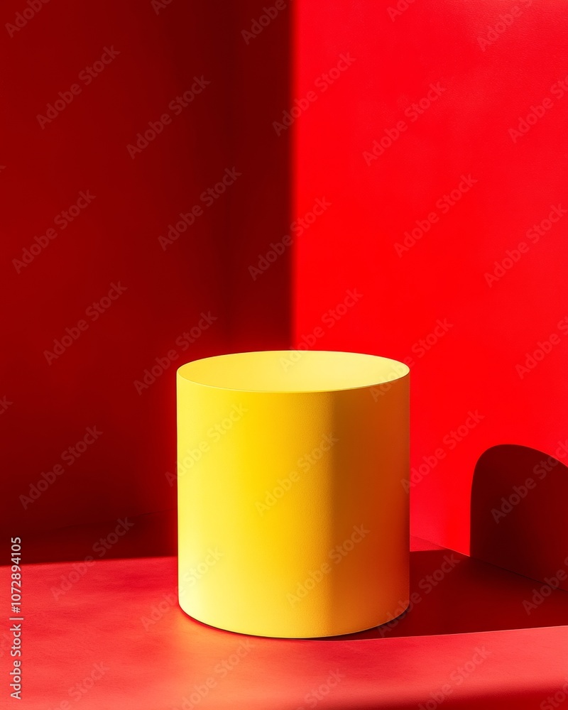 Poster minimalist mockup with yellow cylinder on red background - modern color contrast and soft lighting