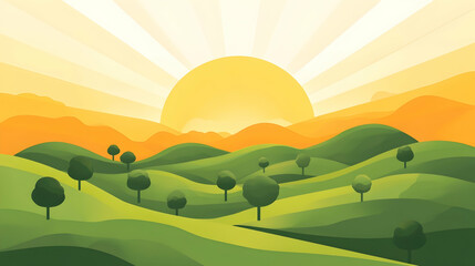 Fototapeta premium A stylized illustration of a sunrise over a rolling green hill landscape.