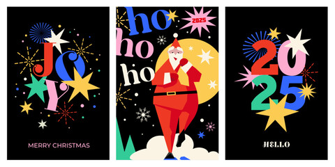 Set of posters or flyers , Joy Christmas , modern, abstract, geometric, trend, vector, illustration, template, decoration, card, banner, background