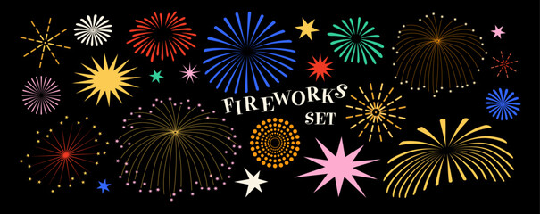 Fireworks colourful elements set, salute, flicker, stars, splash, vibrant, decoration, template, vector