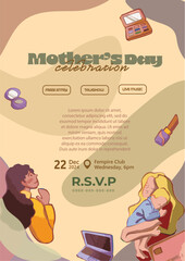 A vibrant A4 poster template designed for Mother's Day events, with a playful and cheerful theme. Earthy colors and fun illustrations create an inviting atmosphere.