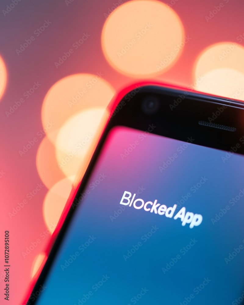 Poster smartphone screen with blocked app notification in dark mood