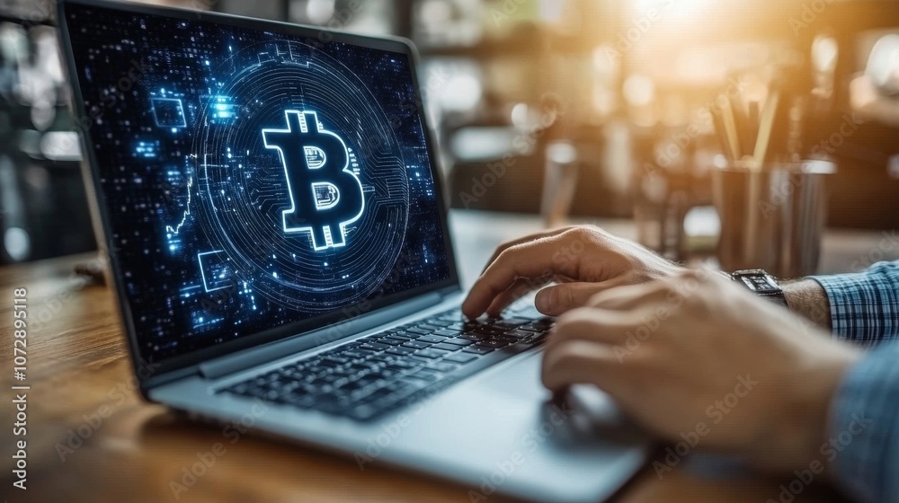 Poster man analyzing cryptocurrency trends on laptop in modern office setting