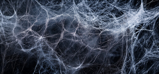 Black background with white spider webs, hanging from the left and right sides of the screen The webs are thin and long, Ai