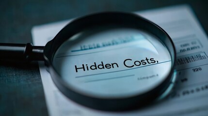 A close-up of a magnifying glass revealing the phrase "Hidden Costs" on a document, emphasizing the importance of scrutinizing financial details.