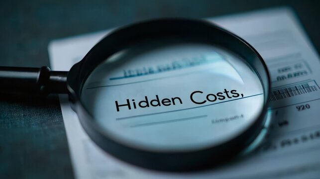 A close-up of a magnifying glass revealing the phrase "Hidden Costs" on a document, emphasizing the importance of scrutinizing financial details.