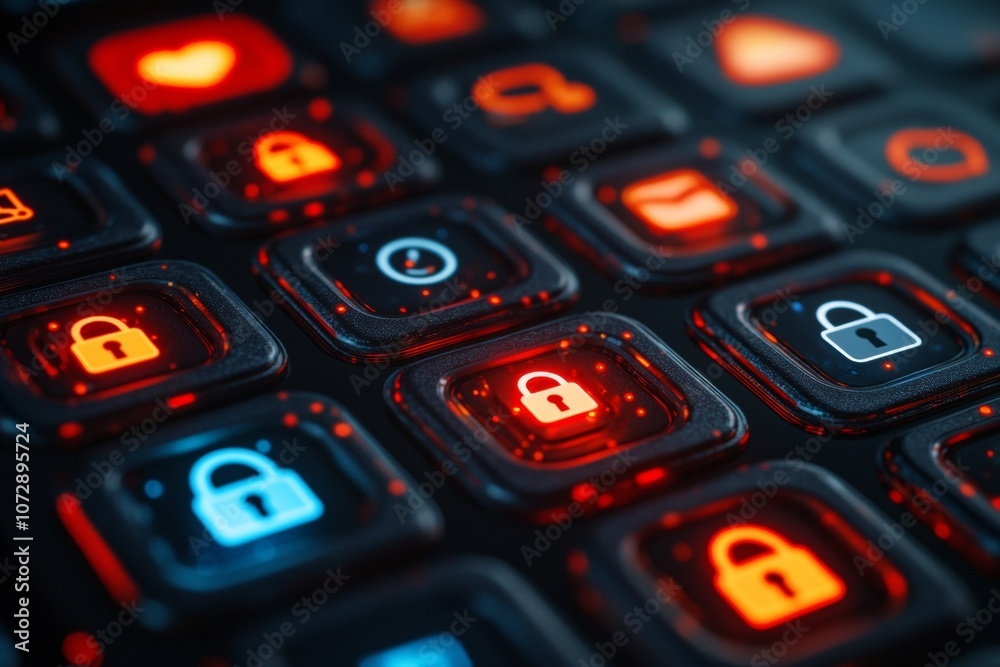Poster digital security concept close-up of smartphone screen with locked social media app icons in dim lig