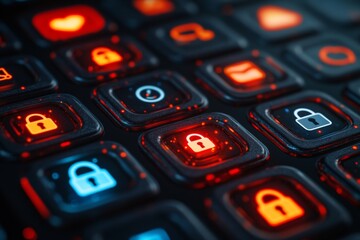 Digital Security Concept Close-Up of Smartphone Screen with Locked Social Media App Icons in Dim Light