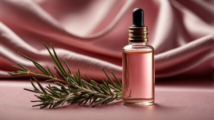 Fototapeta premium Aesthetic bottle of essential oil on a pink silk background. Rosemary on the side.