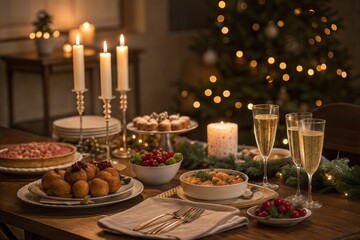 Naklejka premium Festive Holiday Dinner Table with Champagne and Candlelight - Elegant Christmas Dining Scene