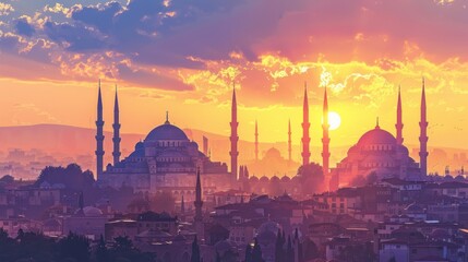 Fototapeta premium Cityscape with mosque silhouetted against colorful sunset sky.