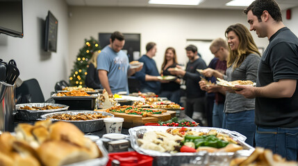 Office Christmas party with employees enjoying food, laughter, and holiday games.