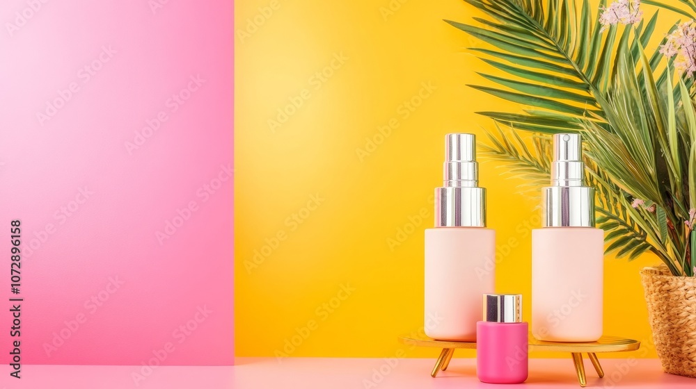 Poster minimalist skincare display with pastel tones and nature elements in soft lighting