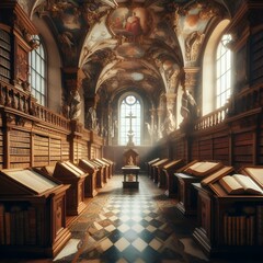 Fototapeta premium A quiet Catholic monastery library with ancient religious manuscripts, symbolizing knowledge and tradition.