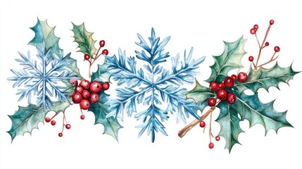 Design for sticker snowflakes and holly leaves, Christmas theme, watercolor style, isolated on white background 