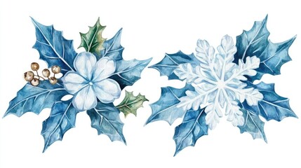 Fototapeta premium Design for sticker snowflakes and holly leaves, Christmas theme, watercolor style, isolated on white background 