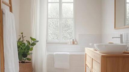 A serene bathroom scene featuring wooden vanity, large bowl sink, and cozy plant by window. Natural light enhances calming atmosphere, perfect for relaxation