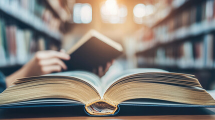 Obraz premium person reading book in library, surrounded by shelves filled with books, creates serene and focused atmosphere