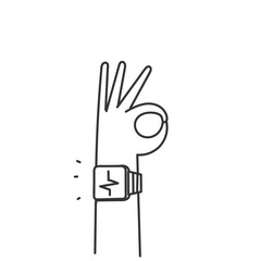 person showing smart watch on wrists in doodle drawn cartoon style