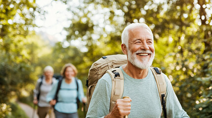 Happy senior man hiking in nature with friends, enjoying outdoors and companionship. lush greenery and bright sunlight create joyful atmosphere