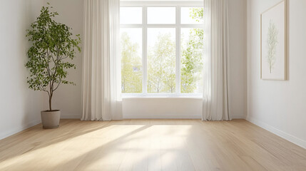 A bright and airy interior space featuring large window with natural light streaming in, potted plant, and minimalistic decor. wooden floor adds warmth to serene atmosphere