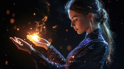 Powerful magician woman shows tricks with energy. Wizard casts magical spells with hands, create ball. Strong sorcerer controls magic. Witch costume. Magician from kid fairytale. Mysterious ritual.